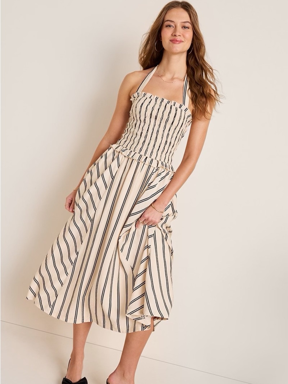 Francesca's Collections Black and White Striped Smocked Halter Camisole